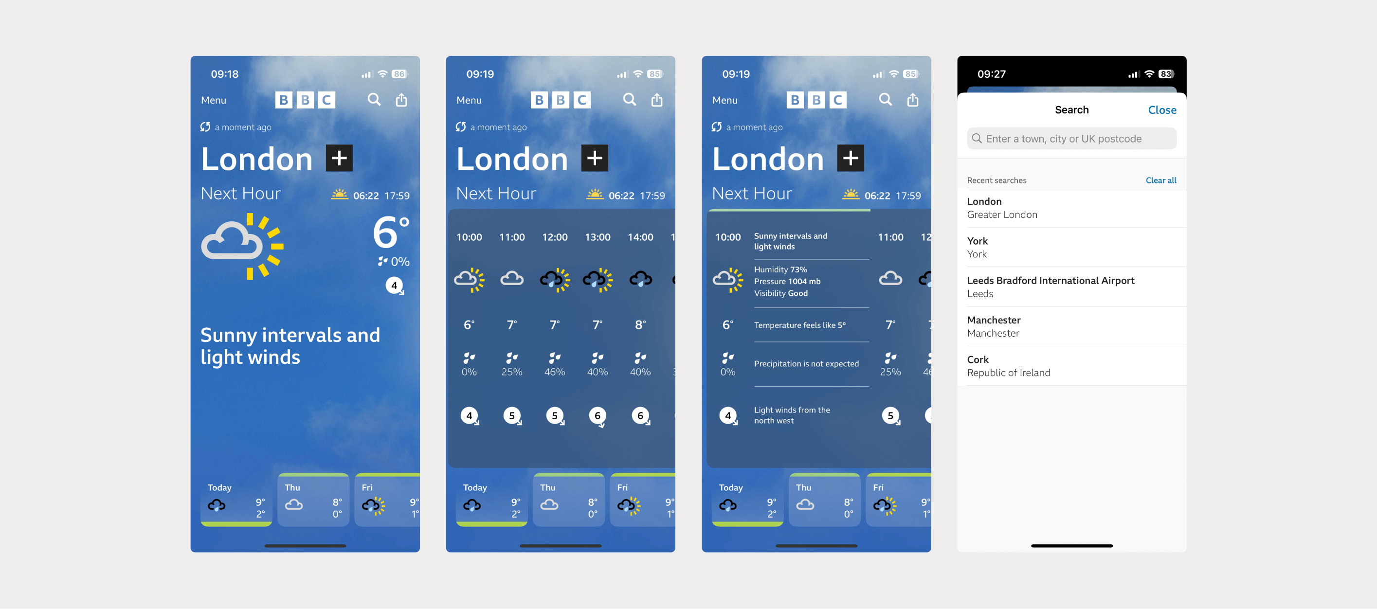 Screenshots of weather app