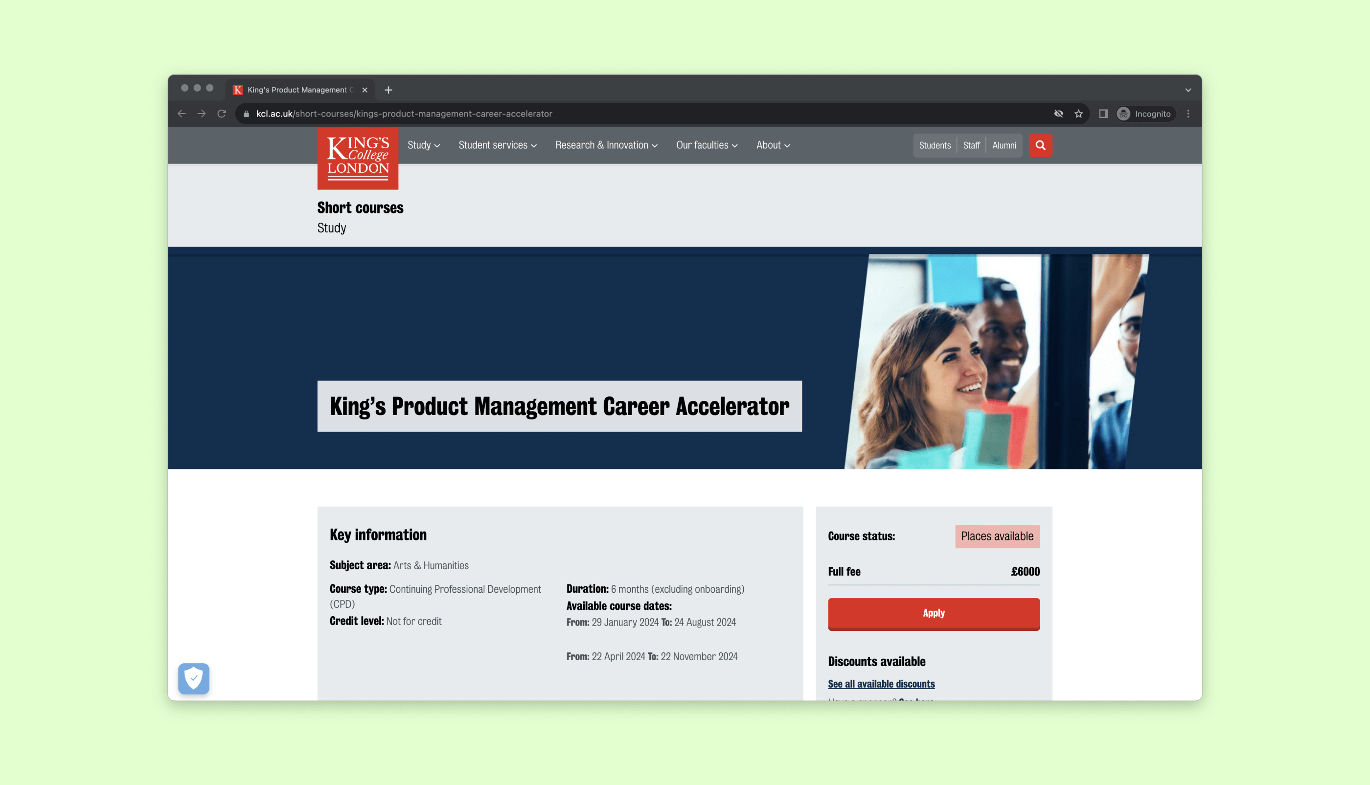 King's College website screenshot