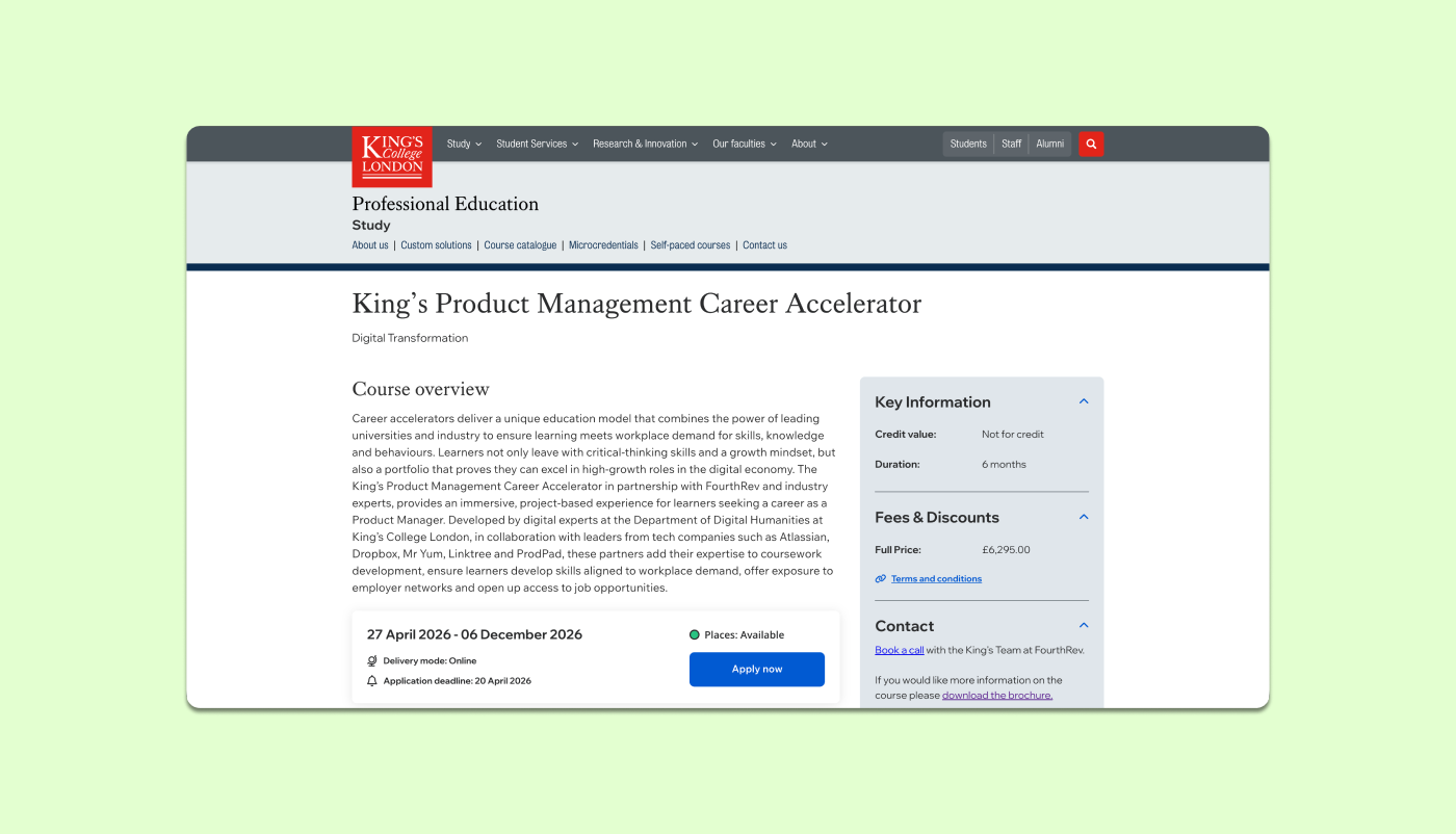 King's College London website screenshot