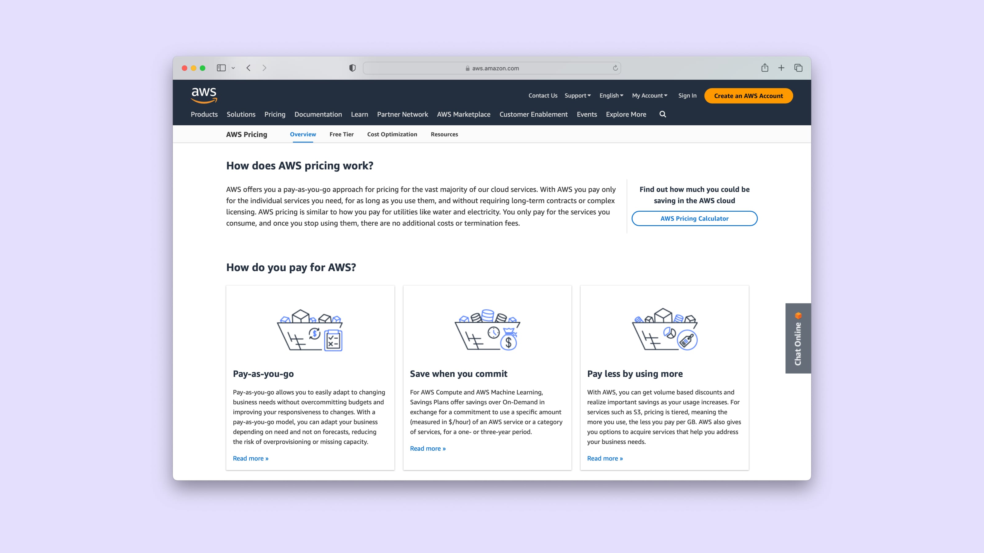 A screenshot of AWS's pricing page