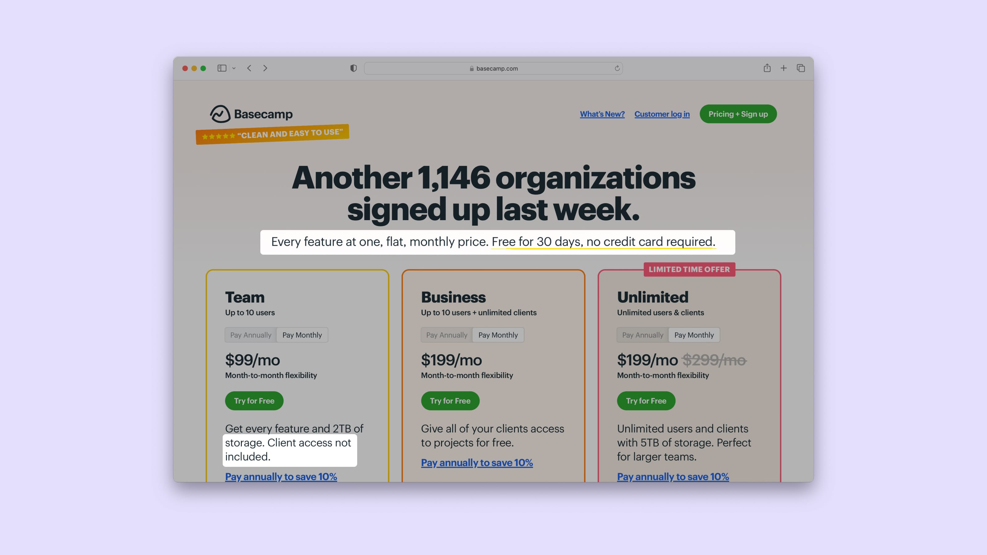 A screenshot of Basecamp's pricing page