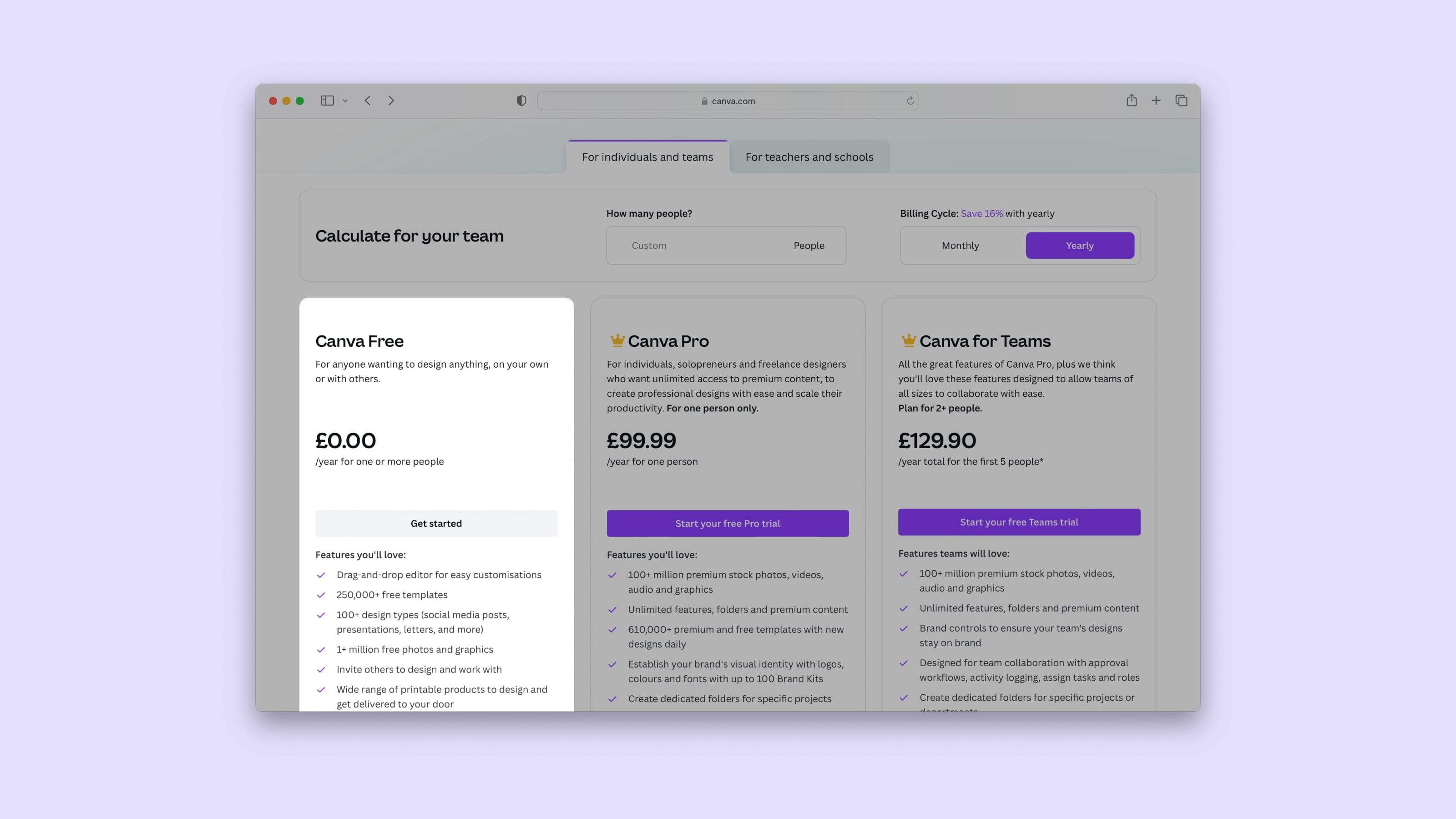 A screenshot of Canva's pricing page