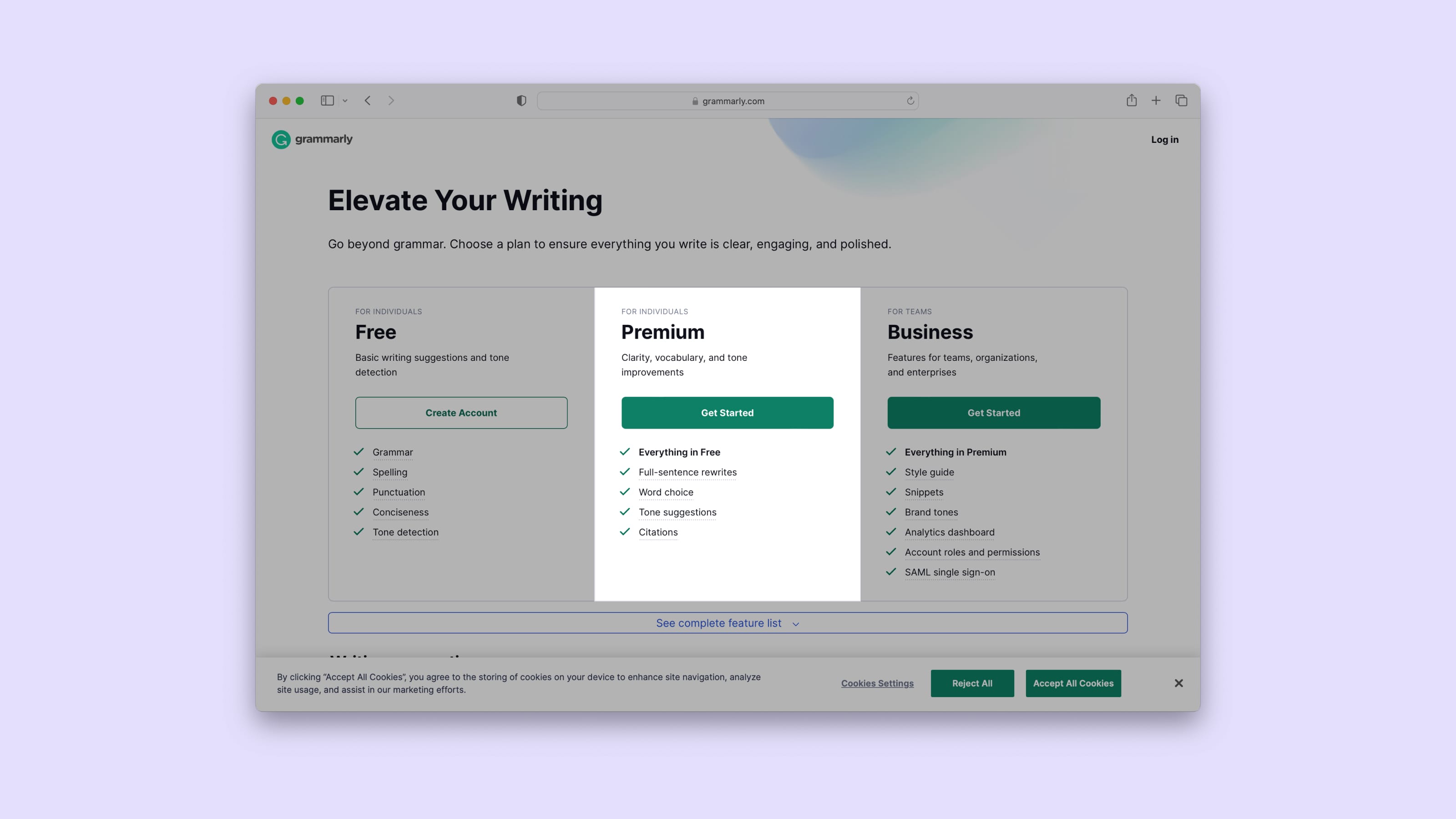 A screenshot of Grammarly's pricing page
