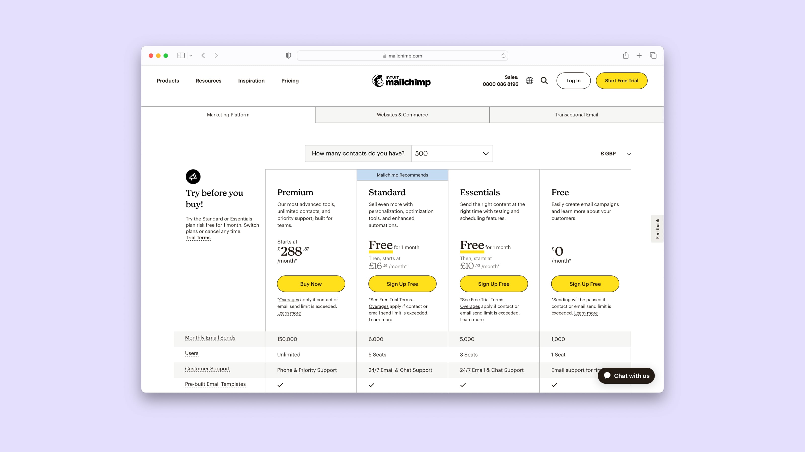A screenshot of Mailchimp's pricing page
