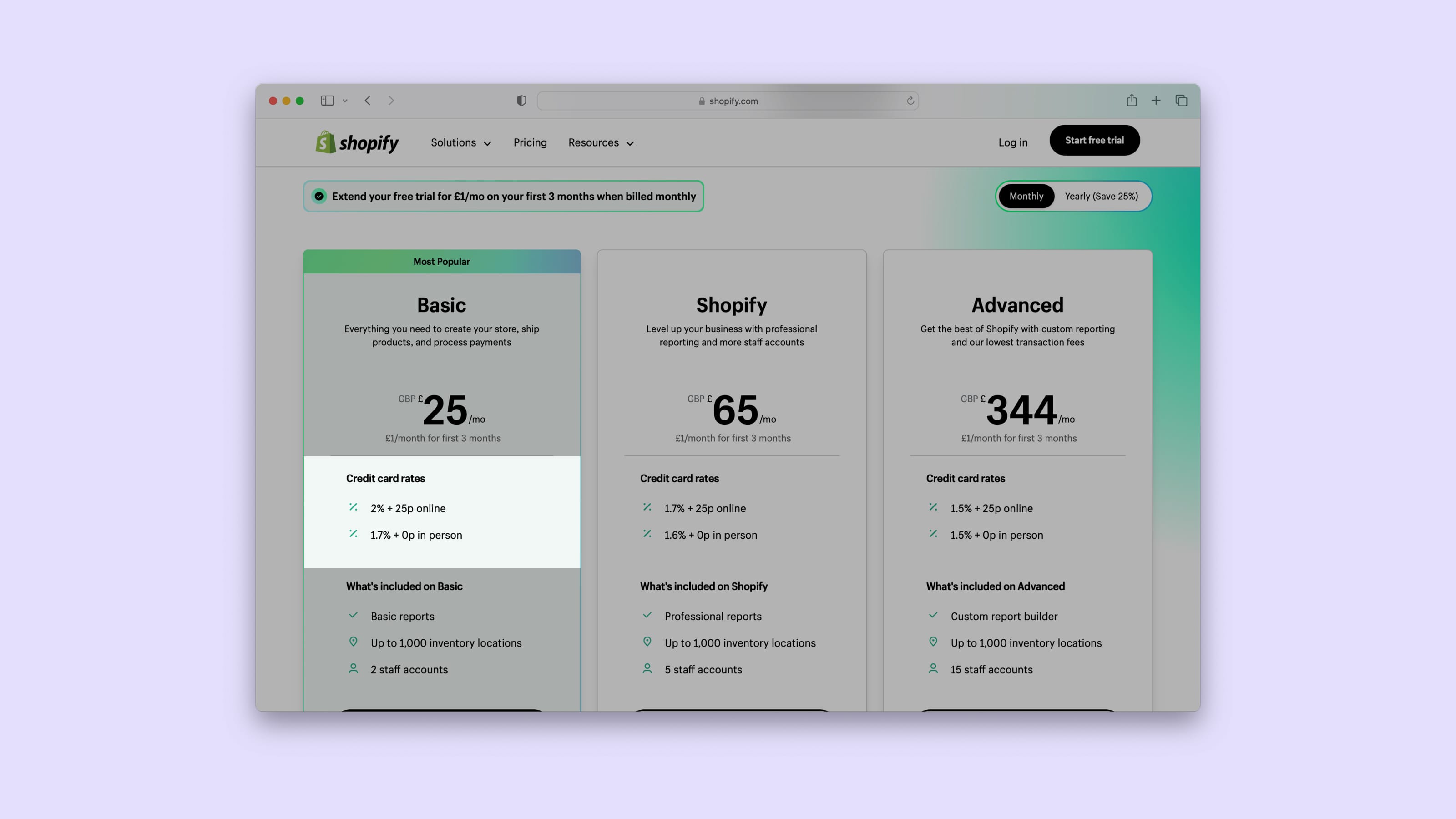 A screenshot of Shopify's pricing page