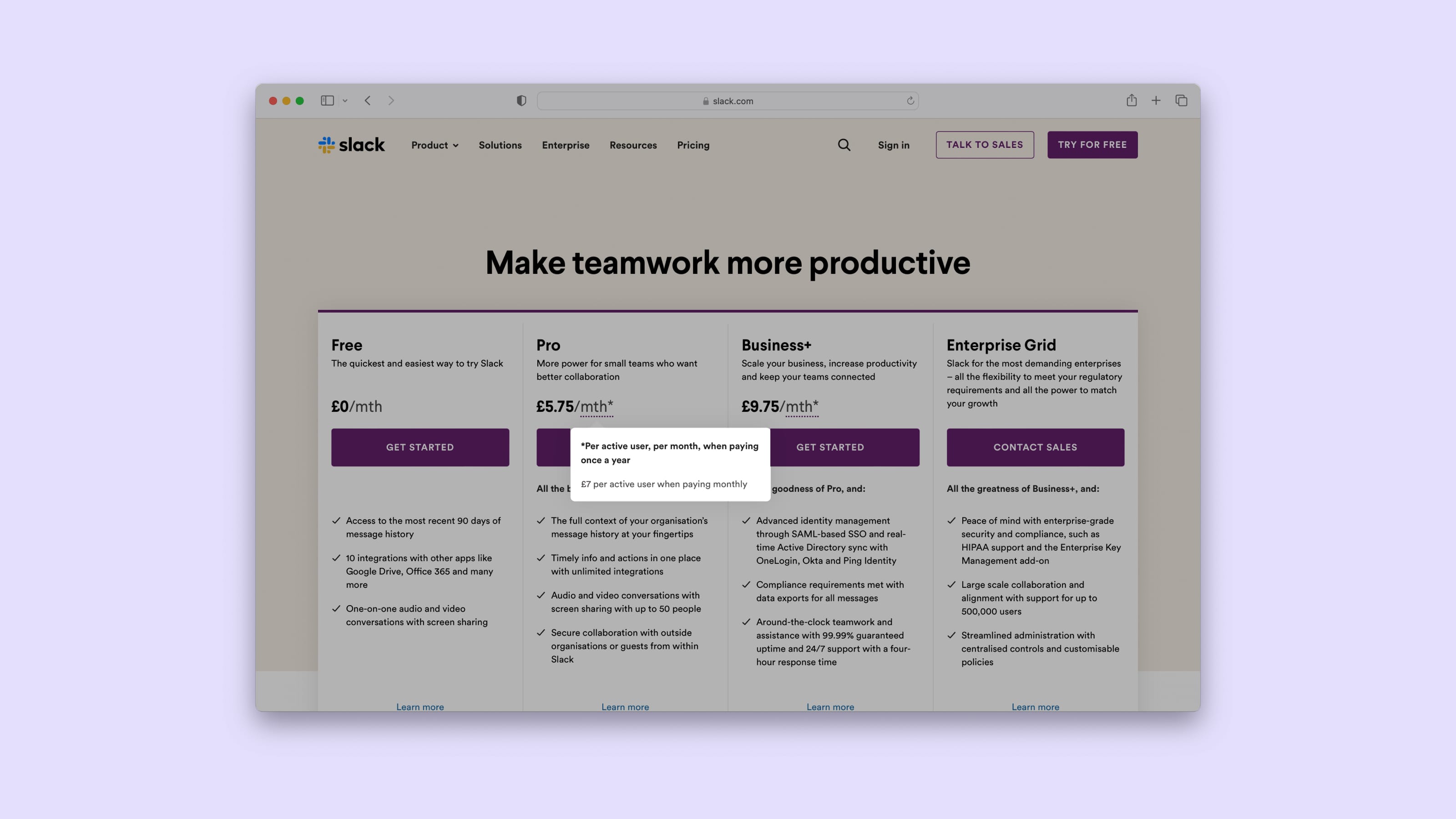 A screenshot of Slack's pricing page